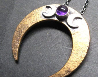 Argentium, Bronze & Amethyst Moon Necklace, Upside Down Crescent