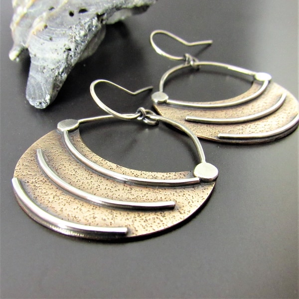 Tribal Mixed Metal Earrings, Fertile Crescent Earrings, Ethnic Sterling Silver And Bronze Earrings,  Artisan Jewelry