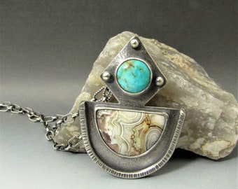 Silver, Agate And Turquoise Necklace, Argentium Sterling Silver Mixed Stone Pendant, Heaven And Earth