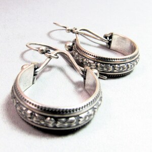 Sterling Silver Floral Earrings,  Hoop Dangles With Flower Pattern, Gift For Her