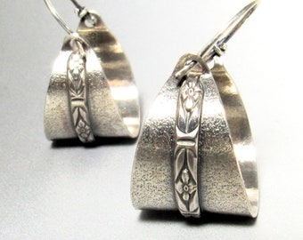 Argentium Sterling Silver Basket Earrings, Contemporary Floral Pattern Hoops