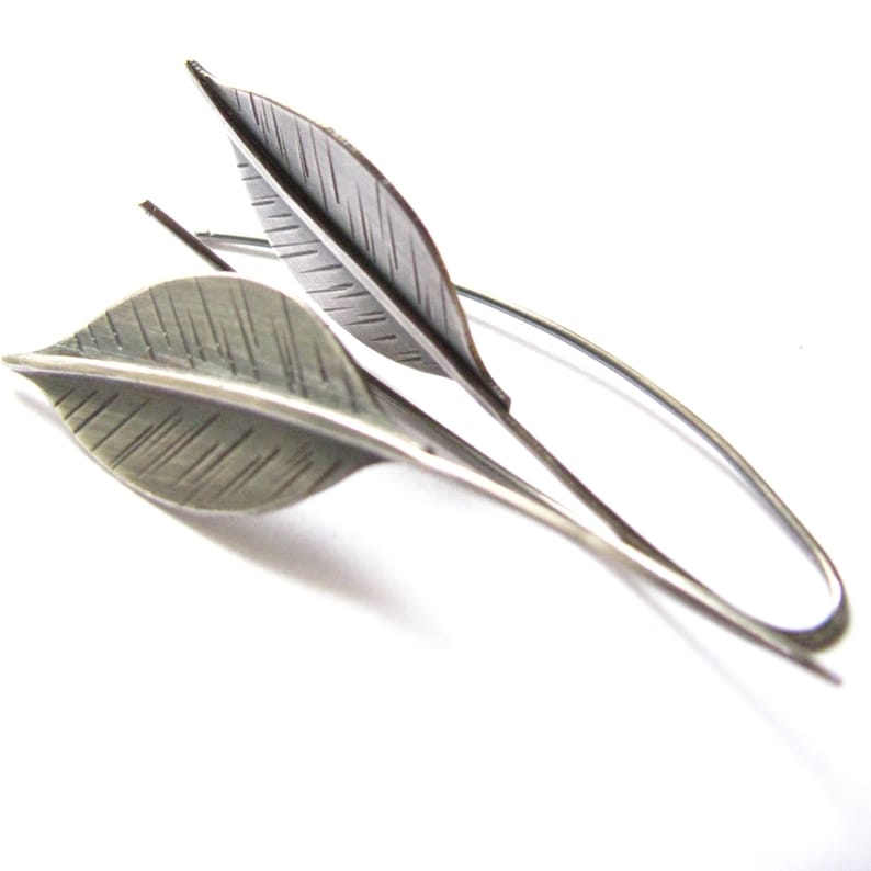 Long Sterling Silver Leaf Earrings, Argentium Silver Leaves, Artisan Nature Leaf Jewelry image 2