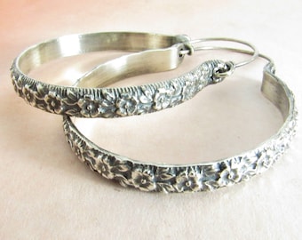 Large Sterling Silver Hoop Earrings, Romantic Summer Rose Floral Pattern Silver Earrings, Metalwork Earrings, Contemporary Earrings