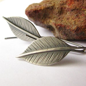 Long Sterling Silver Leaf Earrings, Argentium Silver Leaves, Artisan Nature Leaf Jewelry image 1