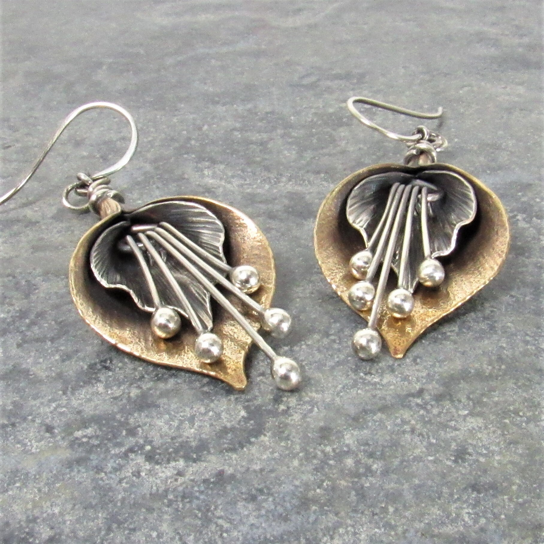 Mixed Metal Lily Earrings, Exotic Flower Earrings in Two