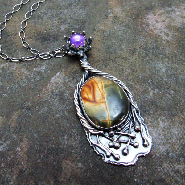 Earth Goddess Cherry Creek Jasper And Amethyst Pendant Necklace,  Exotic One Of A Kind Metalsmith Art Jewelry