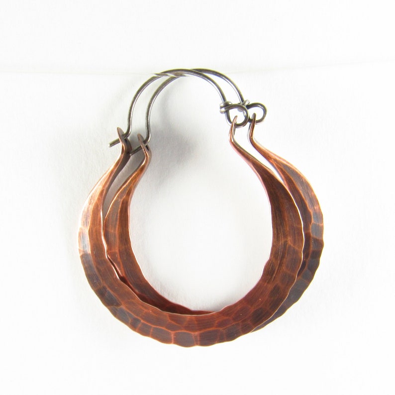 Forged Rustic Copper Hoop Earrings, Medium Large Hammered Boho Mixed Metal Earrings, 7th Anniversary Copper Jewelry image 6