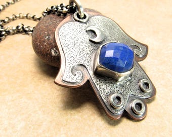 Mixed Metal Hamsa Necklace, Lapis Lazuli Pendant, One of a Kind Bohemian Jewelry