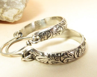 Small Classic Floral Pattern Sterling Silver Hoops