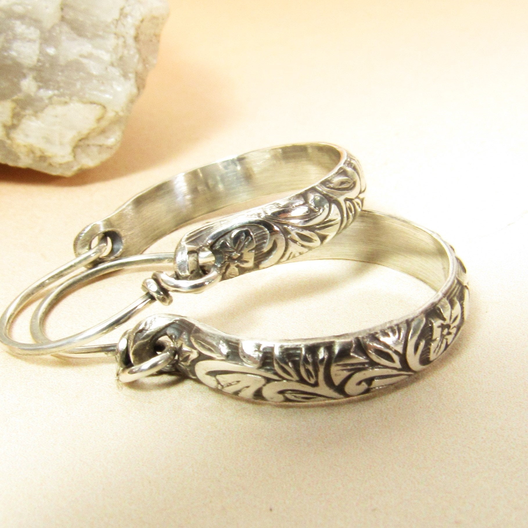 Small Classic Floral Pattern Sterling Silver Hoops
