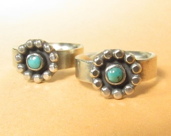 Sterling Silver Turquoise Ring Rustic Flower Southwest Size 7 or 7.5 Wide Band