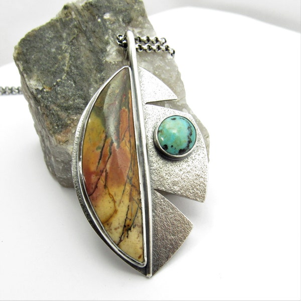 Cherry Creek Jasper Feather Necklace, Handcrafted Argentium Sterling Silver And Turquoise Jewelry, Southwestern Pendant