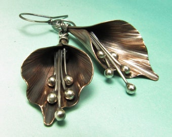 Mixed Metal Lily Flower Earrings In Argentium Sterling Silver And Copper, Handcrafted Artisan Metalsmith Jewelry