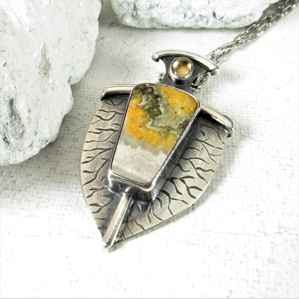 Bumble Bee Jasper And Citrine Necklace, Argentium Sterling Silver Shield Necklace, One Of A Kind Jewelry By Mocahete, Earthy Colors