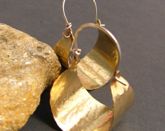 Hammered Brass Hoops, Basket Hoop Earrings, Brass And Sterling Silver Earrings,  Contemporary Metalwork Earrings, Mixed Metal Earrings