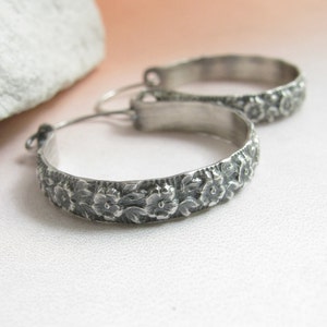 Summer Rose Sterling Silver Hoop Earrings, Contemporary Metalwork Romantic Floral Pattern Earrings image 3