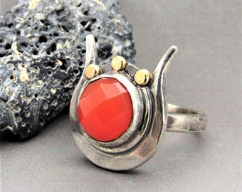 Hathor Argentium Silver And 18K Gold Carnelian Ring, Egyptian Mythology Jewelry