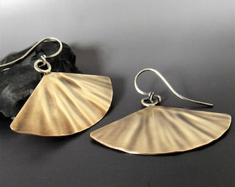 Fan Shape Brass Earrings With Sterling Silver Earrings, Lightweight, Large Mixed Metal Dangles