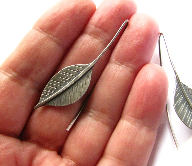 Long Sterling Silver Leaf Earrings, Argentium Silver Leaves, Artisan Nature Leaf Jewelry image 4