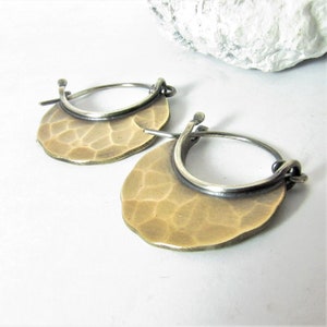 Hammered Sterling Silver And  Bronze Hoop Earrings, Oxidized, Small Rustic Nu Gold Earrings