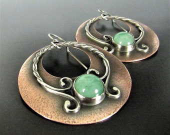 Mixed Metal, Copper And Sterling Silver Green Adventurine Earrings, Large Exotic Earrings