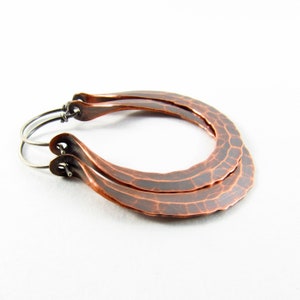 Forged Rustic Copper Hoop Earrings, Medium Large Hammered Boho Mixed Metal Earrings, 7th Anniversary Copper Jewelry image 7