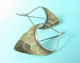 Sterling Silver & Bronze Earrings, Hammered, Mixed Metal Geometric Two Tone Jewelry