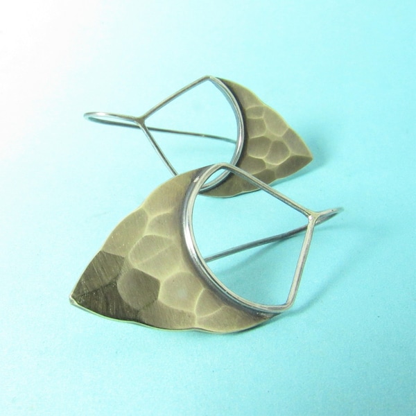 Mixed Metal Earrings, Sterling Silver And Bronze Hammered Pixie Earrings, Two Tone Shield Earrings, Geometric Statement Jewelry