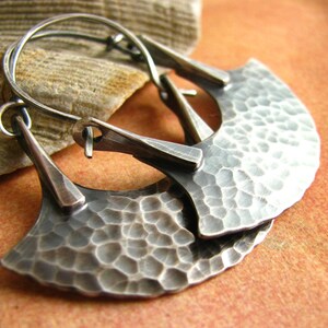 Sterling Silver Hammered Blade Hoop Earrings, Urban Tribal Rustic Metalsmith Jewelry With Attitude image 5