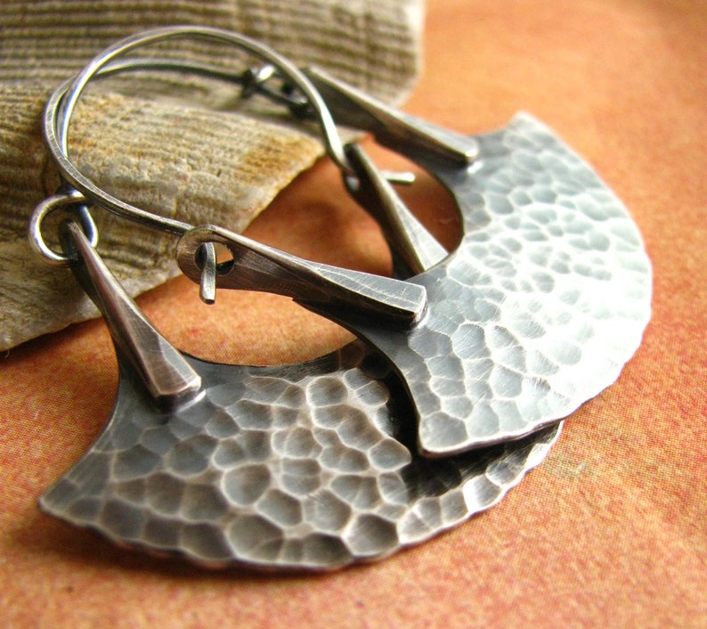 Sterling Silver Hammered Blade Hoop Earrings, Urban Tribal Rustic Metalsmith Jewelry With Attitude image 5