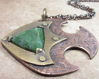 Jade Fish Necklace, Mixed Metal Pendant, One Of A Kind Jewelry