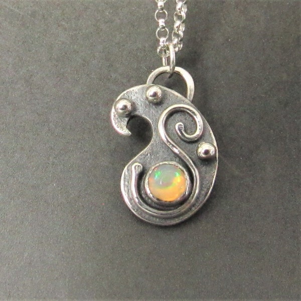 Petite Sterling Silver Paisley Opal Necklace, October Birthstone