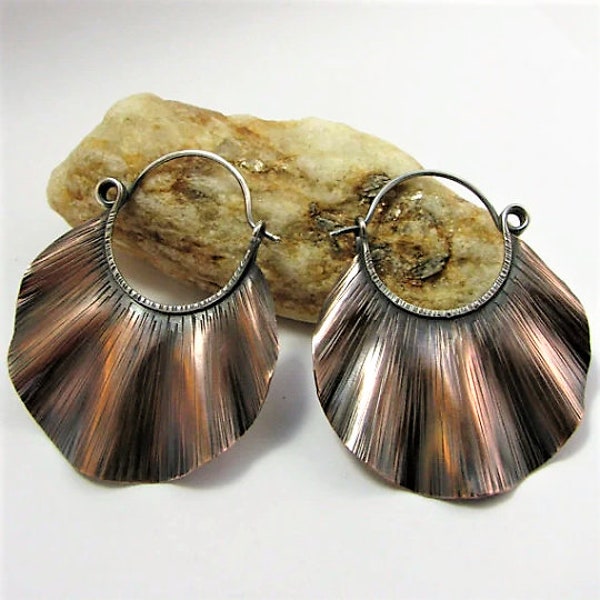 Large Artisan Copper Earrings, Two Tone Ruffled Boho Mixed Metal Hoops