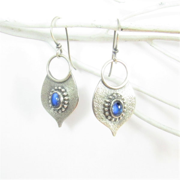 Blue Flash Moonstone Earrings, Argentium Lotus Petal Gemstone Earrings, Feminine And Pretty
