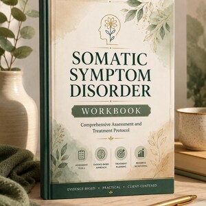 May include: A hardcover workbook titled Somatic Symptom Disorder with a cream-colored cover featuring dark green text, a line-art profile of a head with a flower, and watercolor leaf accents. The cover includes sections for assessment and treatment.