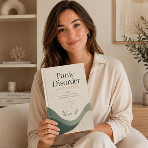 May include: A softcover workbook titled Panic Disorder Workbook: A Complete Assessment and Treatment Protocol. The cover features a cream background with dark green and sage wavy graphic elements, a line art head icon, and text.