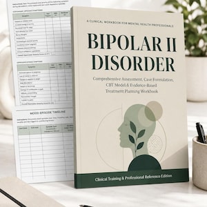 May include: A clinical workbook titled Bipolar II Disorder: Comprehensive Assessment, Case Formulation, CBT Model & Evidence-Based Treatment Planning Workbook. The cover features a profile illustration with leaves and a Bipolar II Symptom Checklist.