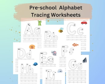 May include: A collection of white preschool alphabet tracing worksheets with the text "Pre-school Alphabet Tracing Worksheets." Each sheet features a letter, tracing lines, and colorful illustrations of objects.