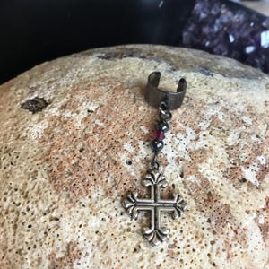 Elegant Gothic Cross Ear Cuff with Hematite and Swarovski Crystal Beads - Gothic Cross Ear Cuff with Hematite Beads and Swarovski Crystal