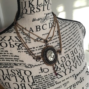 Intricate Beaded Cabochon Choker Necklace in Gothic Victorian Style with Beaded Accents Multi Strand Design Faceted Garnet Gemstones