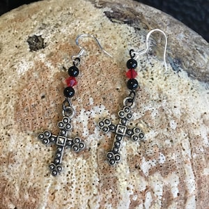 Gothic Style Earrings with Black Onyx Beads and Red Crystals - Gothic Cross Earrings with Black Onyx & Red Crystal