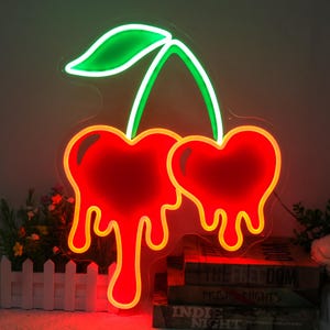 Cherry Neon Sign | Drip Heart Cherries decor | Dazzling disco ball | cherry fashionable decor | Soft Girl Bedroom Decor | Red Cute Cherries