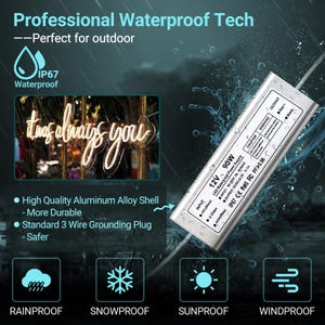 May include: A silver LED waterproof power supply with the text "Professional Waterproof Tech" and "IP67 Waterproof". The image also features the text "It was always you" in a neon sign, and icons for rainproof, snowproof, sunproof, and windproof.
