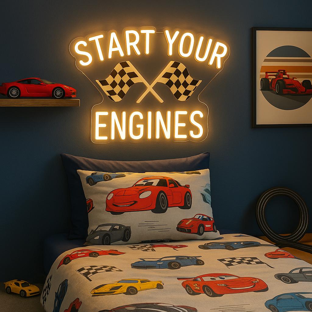 Start Your Engines Neon Sign, Checkered Flag Wall Decor, Raceday Sign ...
