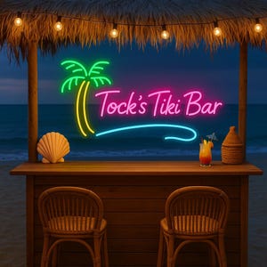 May include: A tropical tiki bar scene with a thatched roof, string lights, and a neon sign that reads "Tock's Tiki Bar." The bar features a seashell, a cocktail, and two woven chairs. The background shows the ocean at dusk.