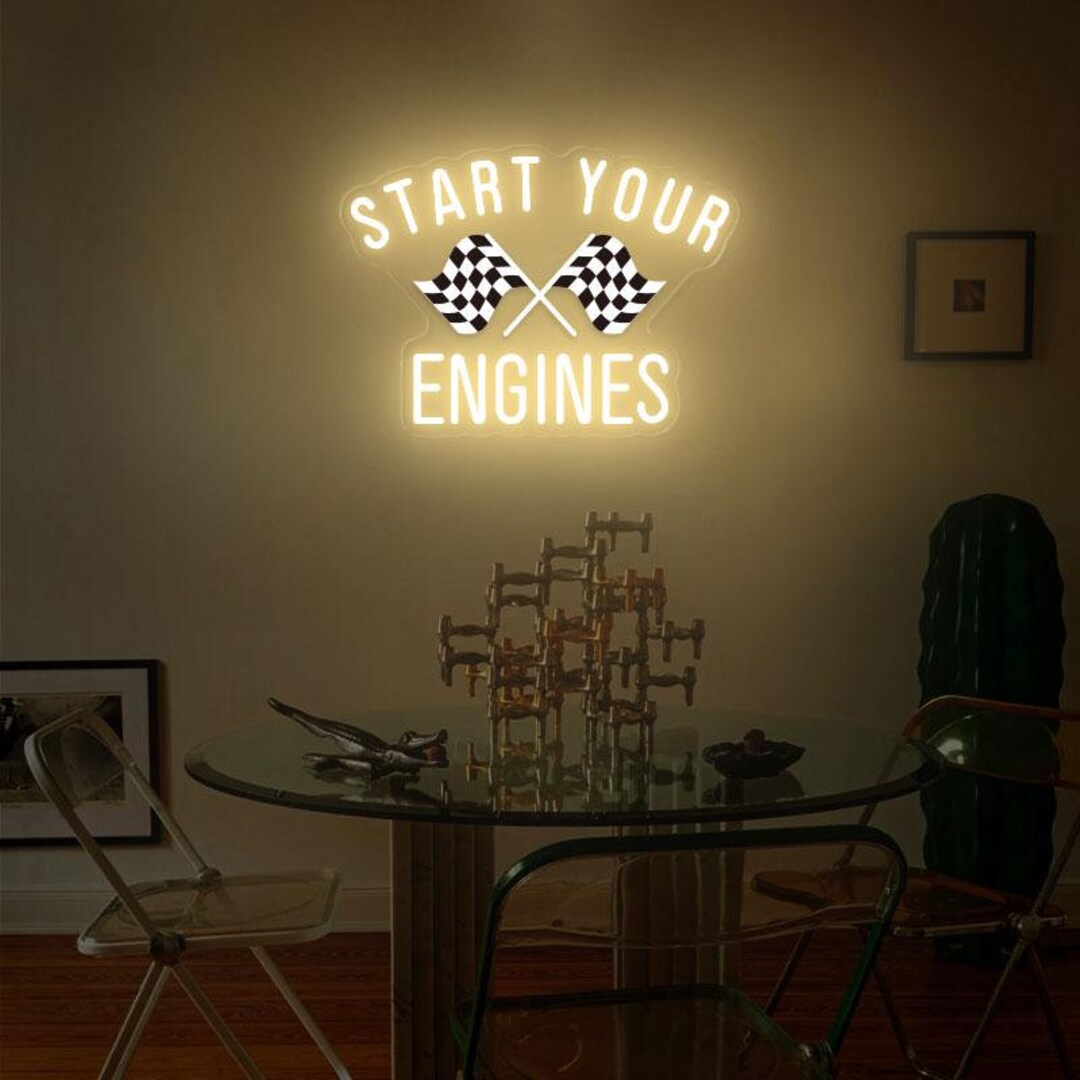 Start Your Engines Neon Sign, Checkered Flag Wall Decor, Raceday Sign ...