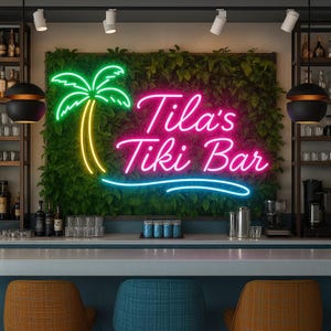 May include: A neon sign for "Tila's Tiki Bar" with a palm tree and text in pink, blue, and yellow. The sign is mounted on a green wall of plants. The bar has a counter with stools and shelves with bottles and glasses.