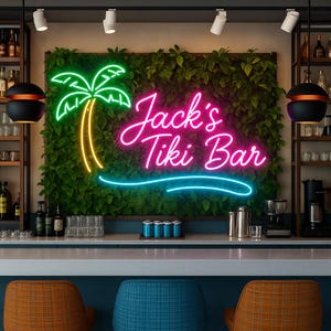 May include: A neon sign for "Jack's Tiki Bar" with a palm tree and a blue wave, set against a backdrop of green plants. The bar has a counter with stools and shelves with bottles and glasses.