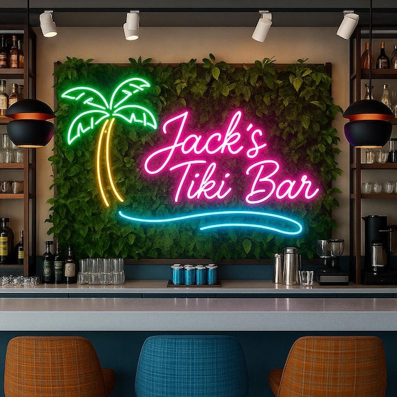 Custom Tiki Bar Neon Sign: Personalized Palm Tree Home Bar Decor