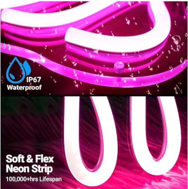 May include: Close-up of a flexible, pink neon strip with a white glow. The image includes the text "IP67 Waterproof" and "Soft & Flex Neon Strip 100,000+hrs Lifespan". The neon strip is shown in a curved shape.